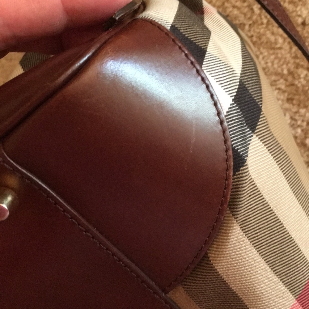 Burberry Tan Plaid Canvas Tote with Brown Leather Trim - Picture 7 of 8
